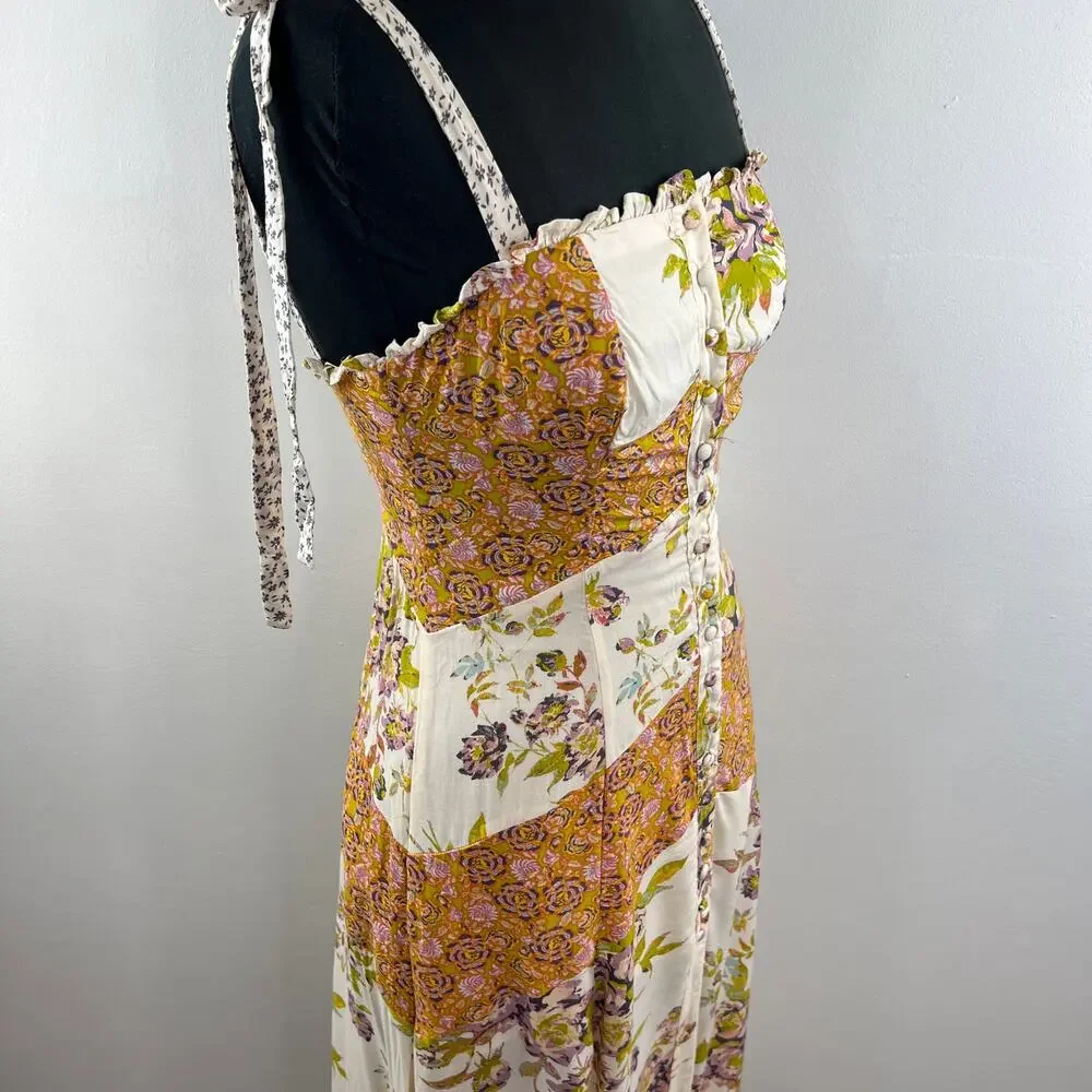 FREE PEOPLE Light Combo Lover Boy Tie Strap Button Up Maxi Dress OB902389 Boho 0 - Picture 5 of 10